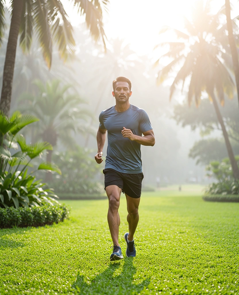 Active man jogging in tropical environment